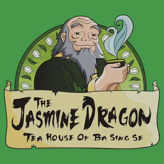 The Jasmine Dragon Tea House of Ba Sing Se, with Uncle Iroh holding a cup of tea